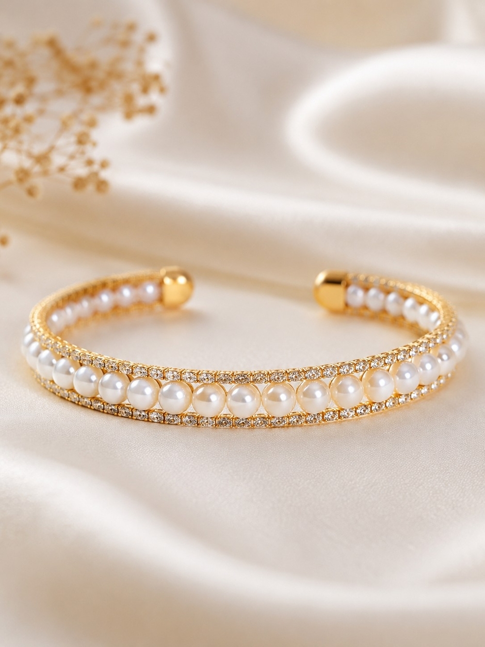Gold Pearl & Rhinestone Cuff Bracelet - Women Jewelry